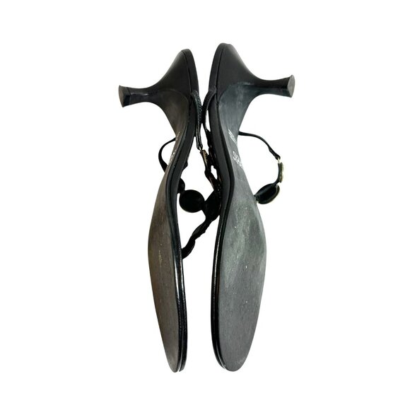 Franco Sarto Black Leather Concha Medallion Thong Kitten Heel Sandals Size 9.5 M - Picture 5 of 9